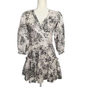 Olivaceous Mini Dress Cottagecore Coquette Toile Print Linen Blend Small Womens